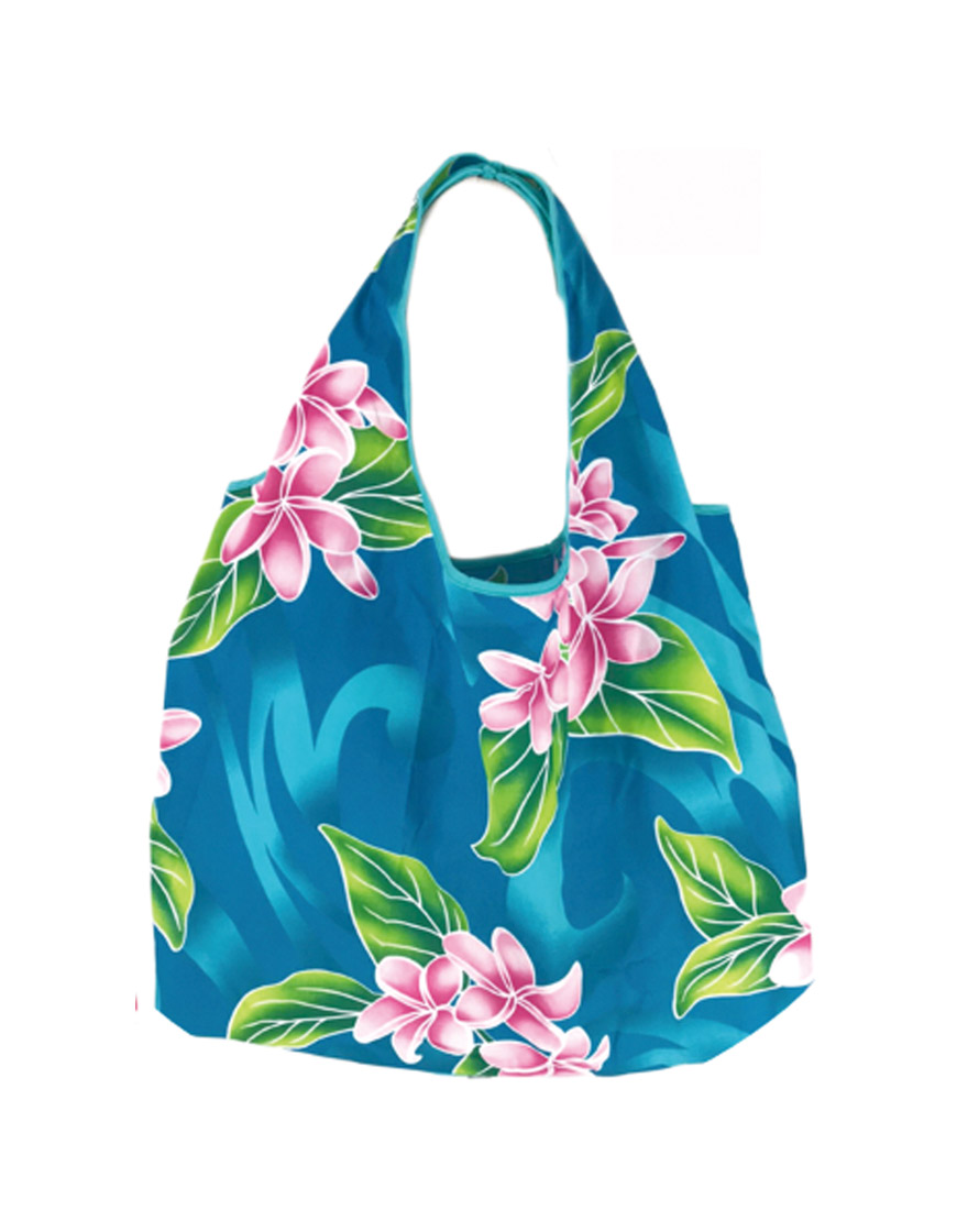 エコバッグ大 ピンクプルメリア エメラルド Hula Girls